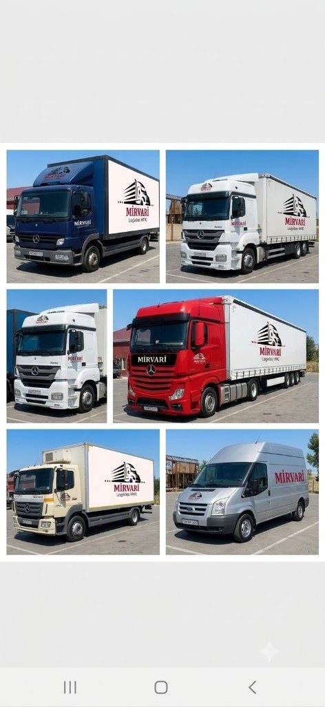 Mirvari Logistics müxtəlif nəqliyyat vasitələri kollajı