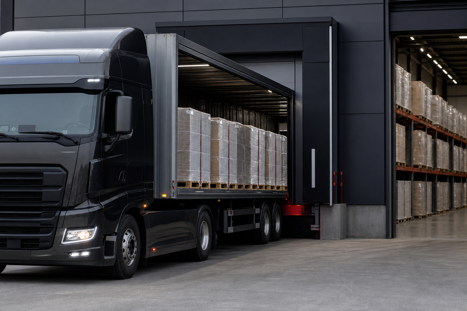 Logistika anbarında yük maşını